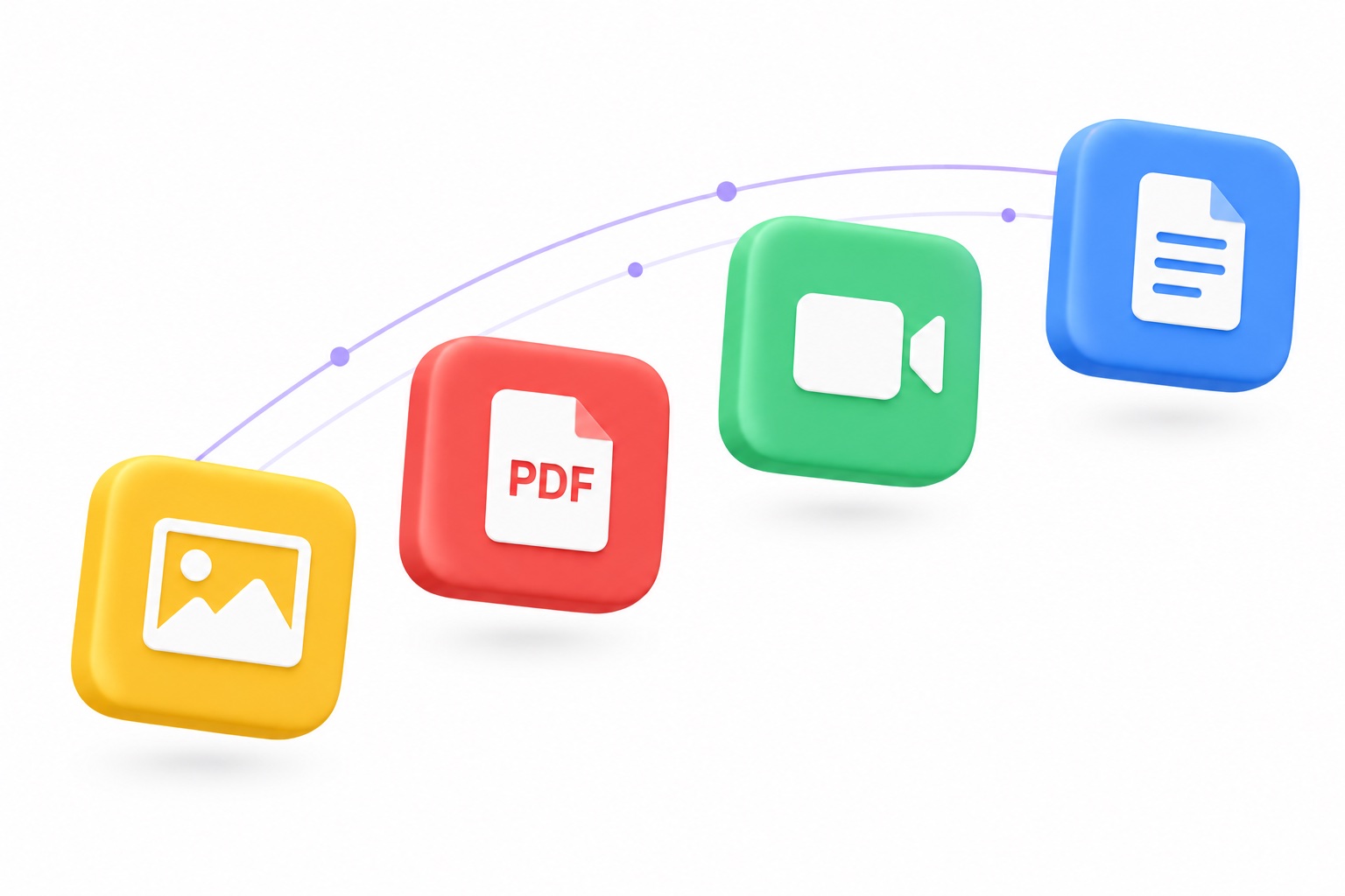 Beam's colour-coded file badges — a photo, a PDF, a video and a document — floating along a purple signal arc